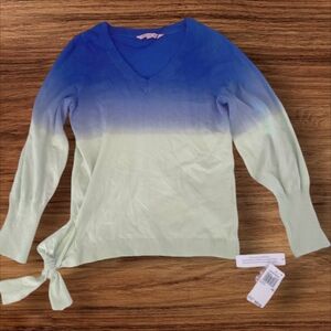 Dip Dye V-Neck Sweater Size XS Beautiful Colors: Blue/Green, Waist Tie.  New!